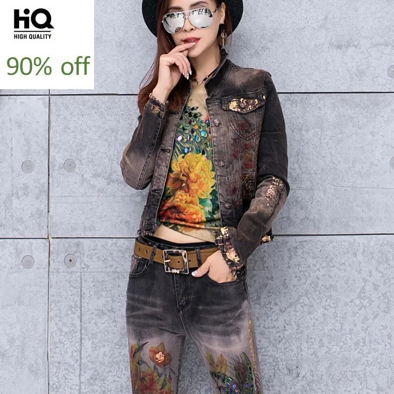 

European Style Printed Black Denim Coats Women Fashion Sequined Full Sleeve Single Breasted Short Jean Jacket Female Streetwear