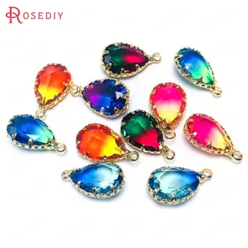 

(38175)6PCS 10x14MM 24K Champagne Gold Color Brass and Glass Colorful Rainbow Style Drop Shape Charms Pendants Jewelry Findings