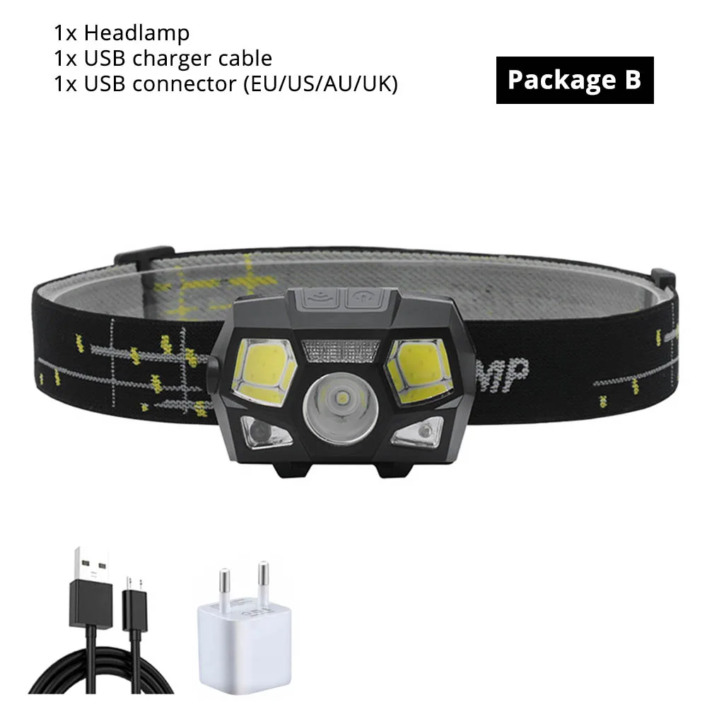 Package B Супер яркий светодиодный налобный фонарь встроенный Индуктивный датчик USB Перезаряжаемый 6 режимов освещения светодиодный налобный фонарь для бега, рыбалки и т. д - Испускаемый цвет: Package B