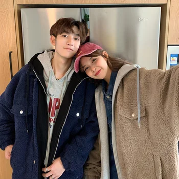 

Winter New Thickened Lamb Fur Jacket Men's Warm Fashion Parka Men Fake Two-piece Hooded Coat Man Streetwear Loose Cotton Jacket