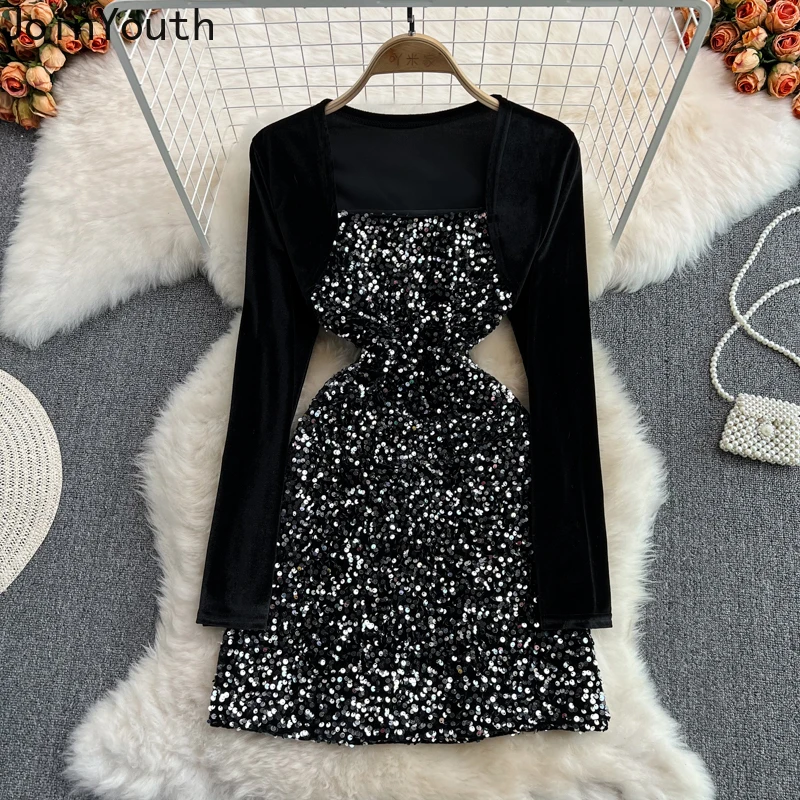 Joinyouth Bodycon Woman Dress Square Collar Velvet Patchwork Sequins Vestidos De Mujer Slim Fit Sexy Robe Mini Party Dresses | Женская