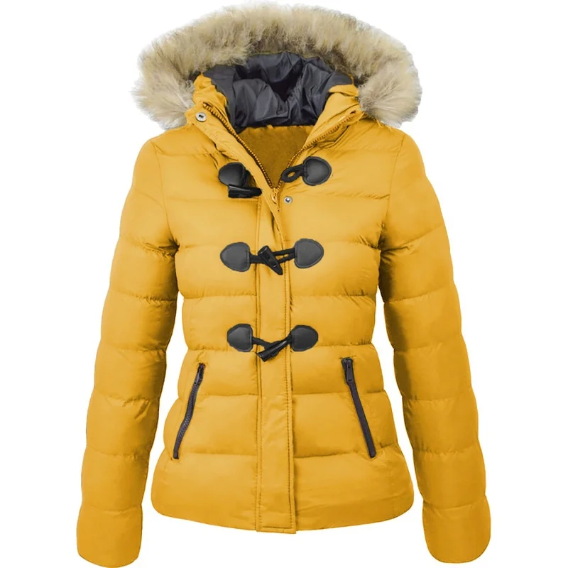 ZOGAA, Женская парка, зима, зимнее пальто, повседневное, с меховым воротником, с роговой пряжкой, однотонная, тонкая, парка, куртка, Женская куртка, пальто, теплые парки - Цвет: Цвет: желтый