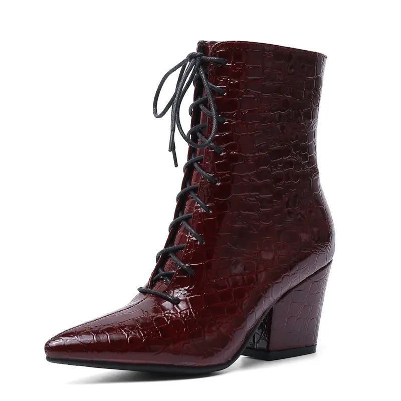 

2019 Pointed Toe Autumn Women Boots Pu Leather Square High Heel Ankle Boots Comfortable Short Plush Winter Zipper Boots Women