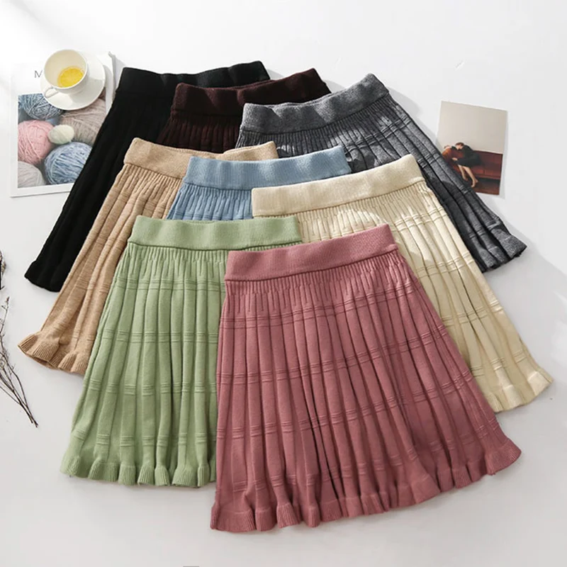 

2019 Autumn Winter Mini Knit Skirt Women Pleated Ruffles Skirts 8 Color Basic Knitting Preppy Tutu Skirts Female faldas mujer