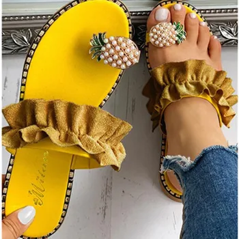 

Fashion Slippers Women 2020 Handmade Girls Pearl Flat Bottom Toe Pineapple Sandals Bohemian Style Roman Outdoor Beach Shoes