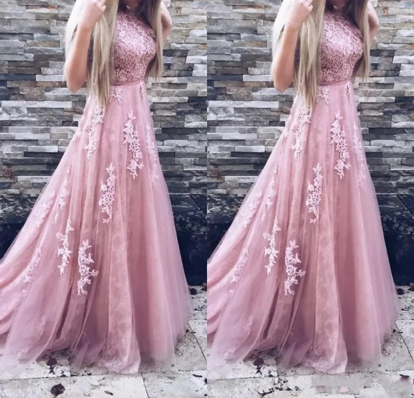 2019 Een Lijn Applique Kant Mouwloze Lange Prom Jurken Blush Roze Formele Elegante Avond Party Toga Custom Made Prom Dress 2019 Een Lijn Applique Kant Mouwloze Lange Prom Jurken Blush Roze Formele Elegante Avond Party Toga Custom Made Prom Dress