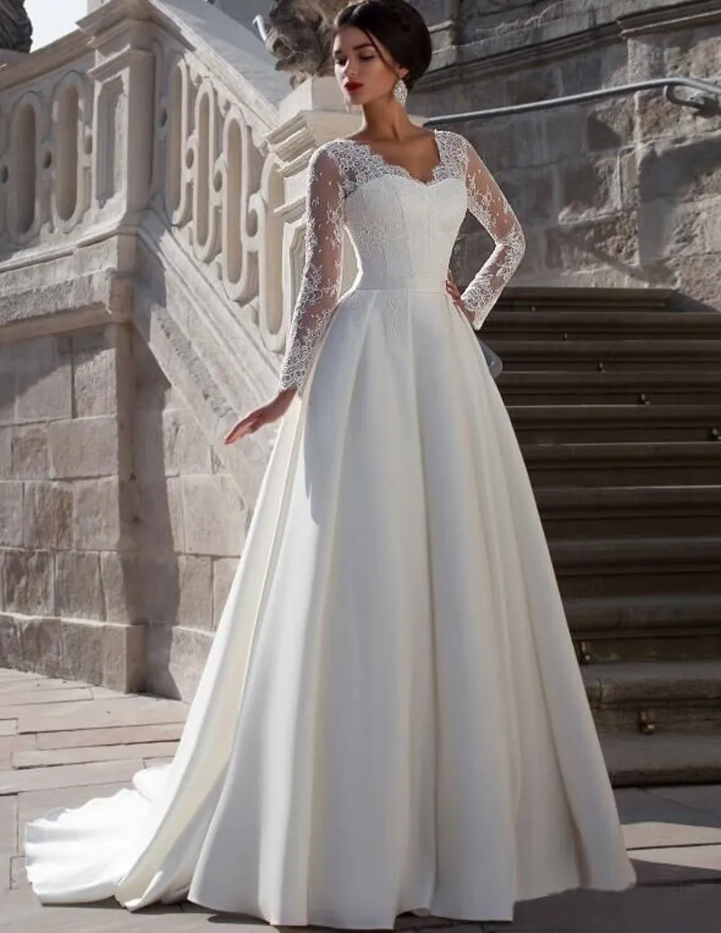 Vestido de noiva Lange Mouwen bruidsjurk A-lijn Lace Satin party Jurken Robe de mariage Vintage 2018 Moeder van de bruid Jurken Vestido de noiva Lange Mouwen bruidsjurk A-lijn Lace Satin party Jurken Robe de mariage Vintage 2018 Moeder van de bruid Jurken