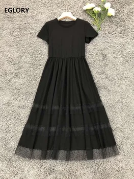 

High Quality New 2020 Summer Dress Women O-Neck Polka Dot Mesh Patchwork Short Sleeve White Black A-Line Casual Cotton Dress