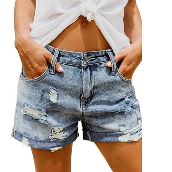 

Fashion 2019 Summer Women Casual Blue Faded Denim Shorts Female Rolled Cuff Pockets Shorts Ripped Plus Size Shorts