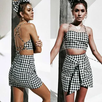 

Women 2 Piece Bandeau Square Collar Crop Top + Plaid Bodycon Skirt With Sashes Outfit Set Party Holiday Mini Dress Club