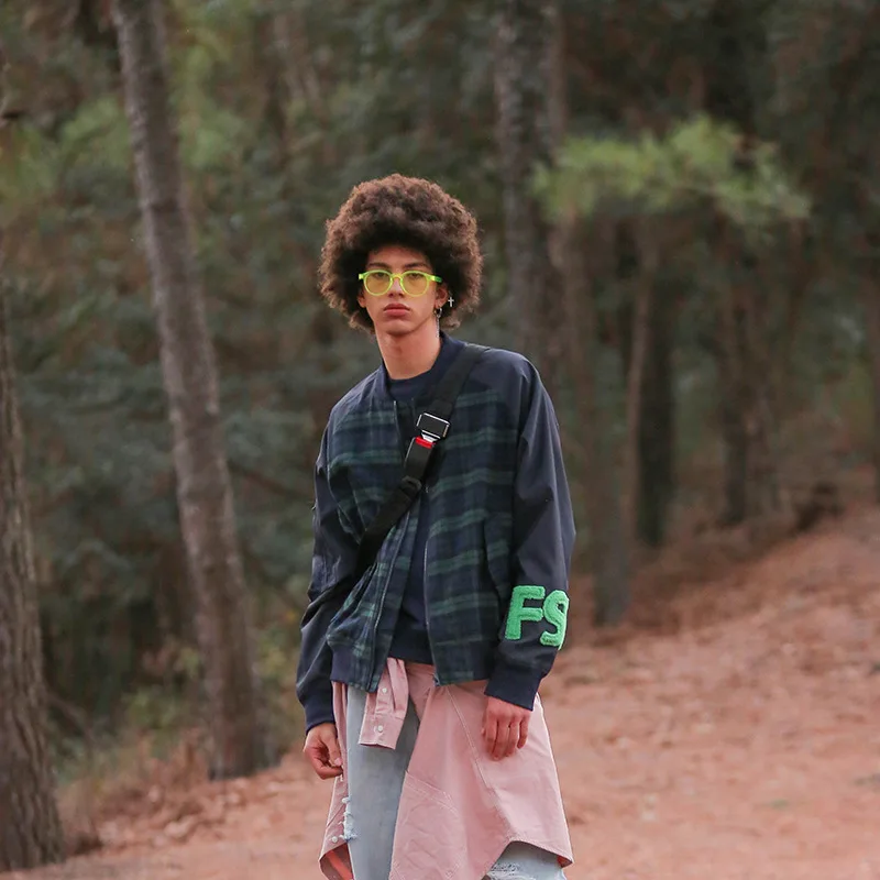 

City Where the Product 2020 Spring New Style Origional Japanese-style Street Green Flocked Jacket Plaid Stitching Coat