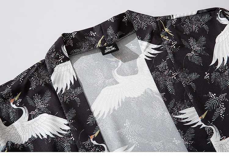 Харадзюку японское кимоно куртка журавль лист печати хип хоп мужчины японский стиль уличная куртка летняя тонкая одежда свободное кимоно