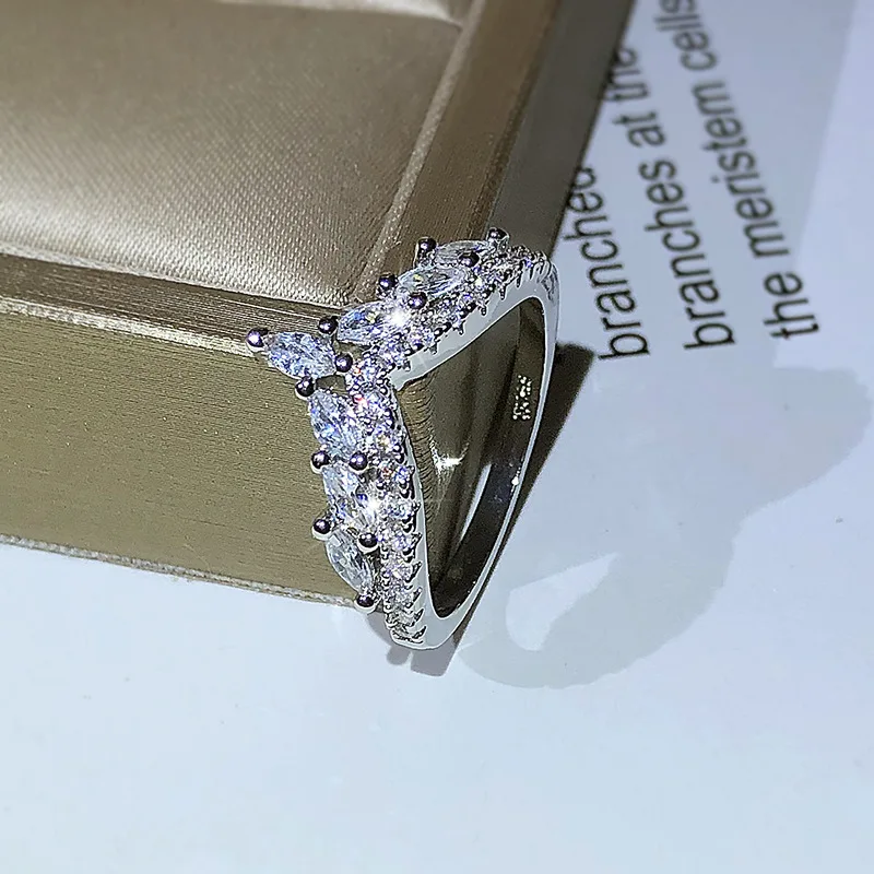 Silver Ring Exquisite Ladies V-shaped Zircon 925 Sterling for Wedding Bridal Birthday