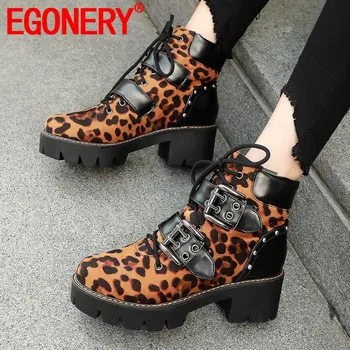 

EGONERY runk woman ankle boots leopard print boots autumn winter plush mid heels platform women's shoes buckle lace-up shoes