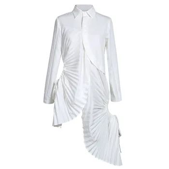 

2020 Turn-down Collar White Women Blouses Full Sleeves Split Joint Pleated New Spring Irregular Women Shirt TM1436