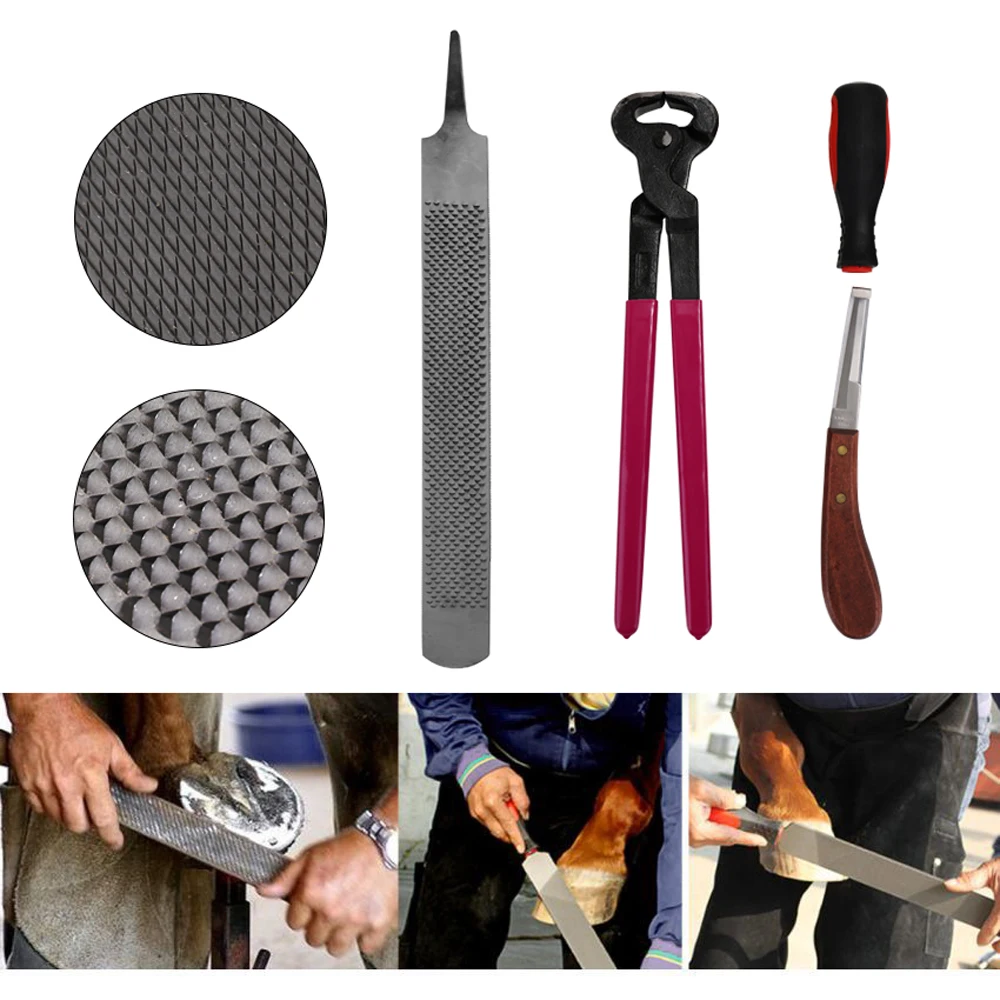 4PCS Portable Hoof Nipper Trim Shoeing File Rasp Handle Hoof Cutter Tool Horse Care Accessory Tool Kit
