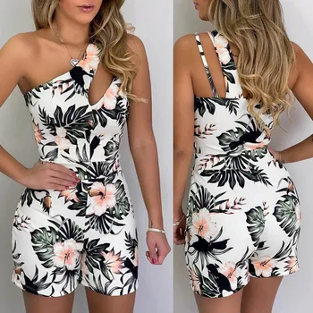 

Sleeveless Floral Women Beach Playsuits Summer One Shoulder Hollow Out Overalls Casual Short Jumpsuit Sexy Bodycon Party Rompers