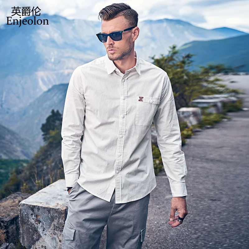 

Enjeolon Autumn Men's Casual Shirt Slim Fit Men's Casual Striped Shirt Long Sleeved Male Clothing Camisa Plus Size CX2283-1