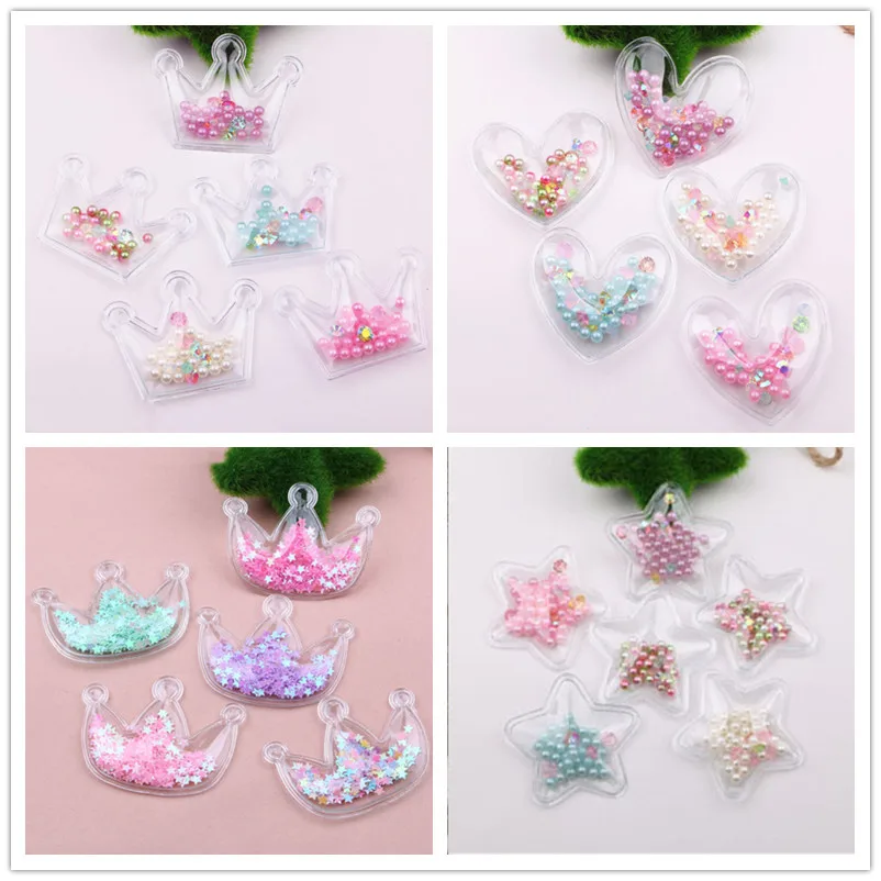 

3pcs/Lot Transparent Palstic Kawaii Crown Star Heart Patch Sticker Button with Glitter Beads Decor DIY Hair Jewelry Clip Garment