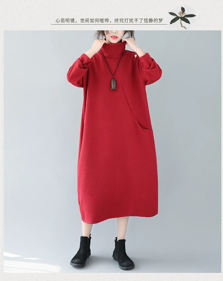 women Sweater dress winter long sleeve Cotton Thicken Turtleneck Striped maxi dresses female knitting Pockets Dress vestido
