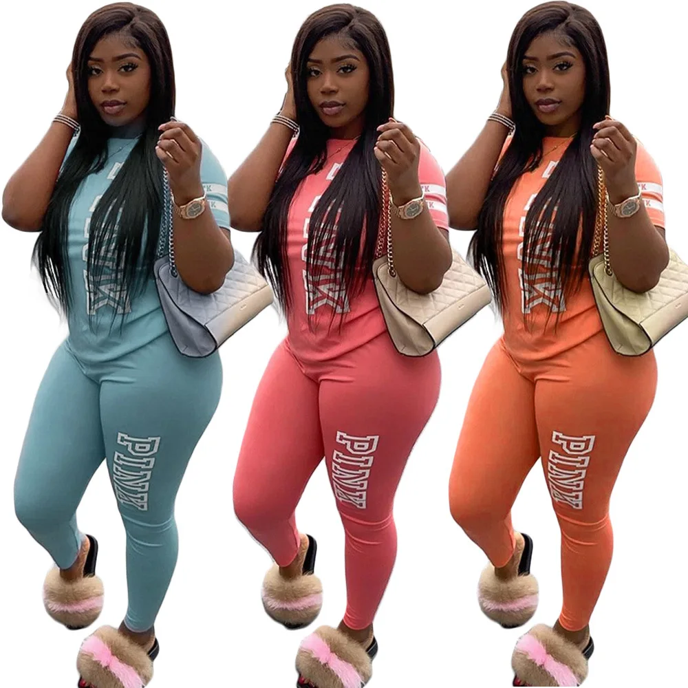 Conjunto de chándal de dos piezas para mujer, ropa deportiva, pantalones de chándal, color rosa, para verano, 2020