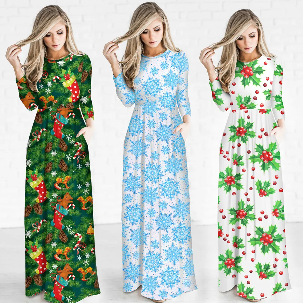 

Christmas New Style Christmas Fruit Pattern Floral Printed Dress Crew Neck Pullover Autumn And Winter Long Sleeve One Piece Long