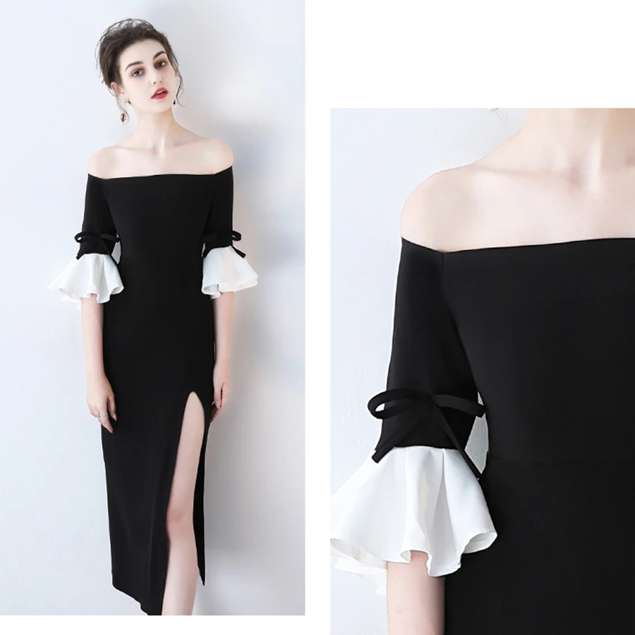 Вечернее платье с оборками, рукав до локтя, Robe De Soiree, вырез лодочкой, черные вечерние платья с разрезом, с открытыми плечами, официальное платье LX355
