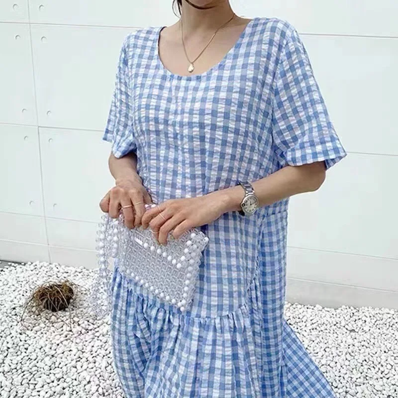 

Vintage Women Plaid Dress Korean Casual Loose Stright Slim Was Thin Dresses Female Fashion Tide 2021 Summer