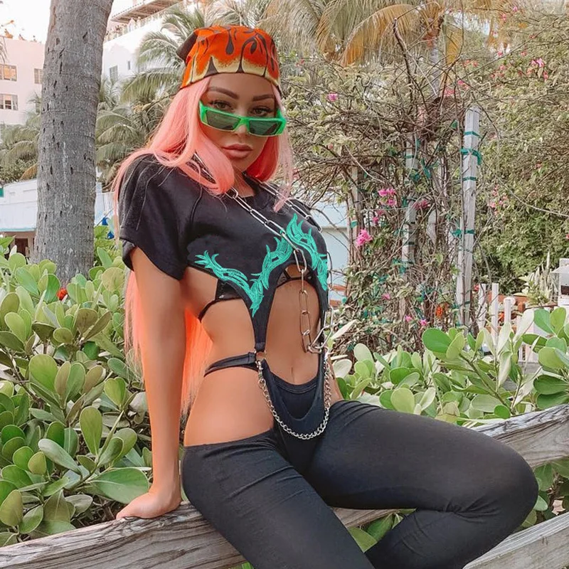 Black Cut Out Sexy Beach Jumpsuit Summer Rave Clothes Short Sleeve Floral Embroidery Backless Gothic Bodysuit Women