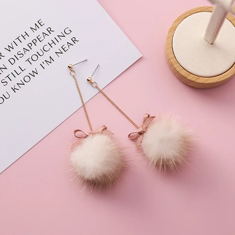 Новые корейские модные женские серьги милый розовый бант грива Hairball вельветовые длинные висячие серьги для девушек ювелирные аксессуары