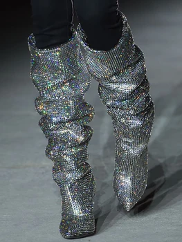 

Stunning Shiny Crystal Slouch Boots Spike Heel Runway Knee High Boots Slip On Pointy Toe Party Women Boots Studded Handmade