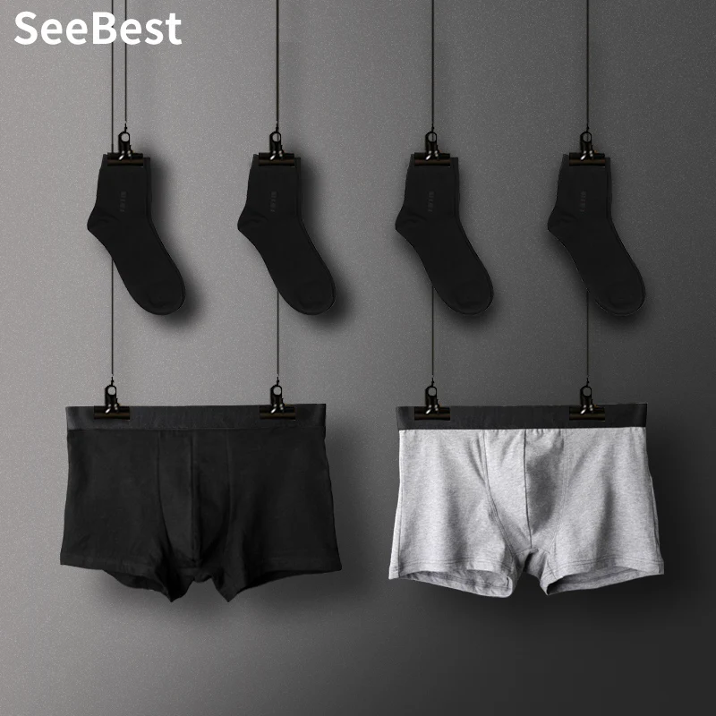SeeBest/2 пары носков 2 боксеры мужские трусы деловые черные хлопковые шорты большой