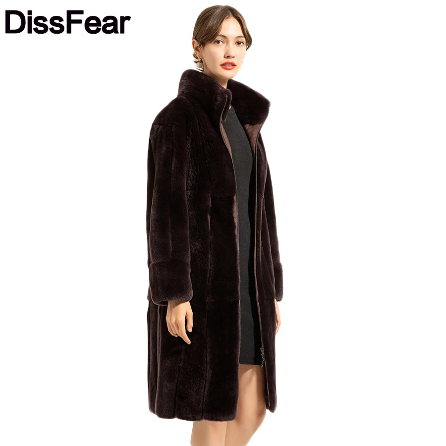 100cm Rex Rabbit Fur Coat Thick Warm Winter Women Clothing Overcoat Women Natural Fur Stand Collar Jacket