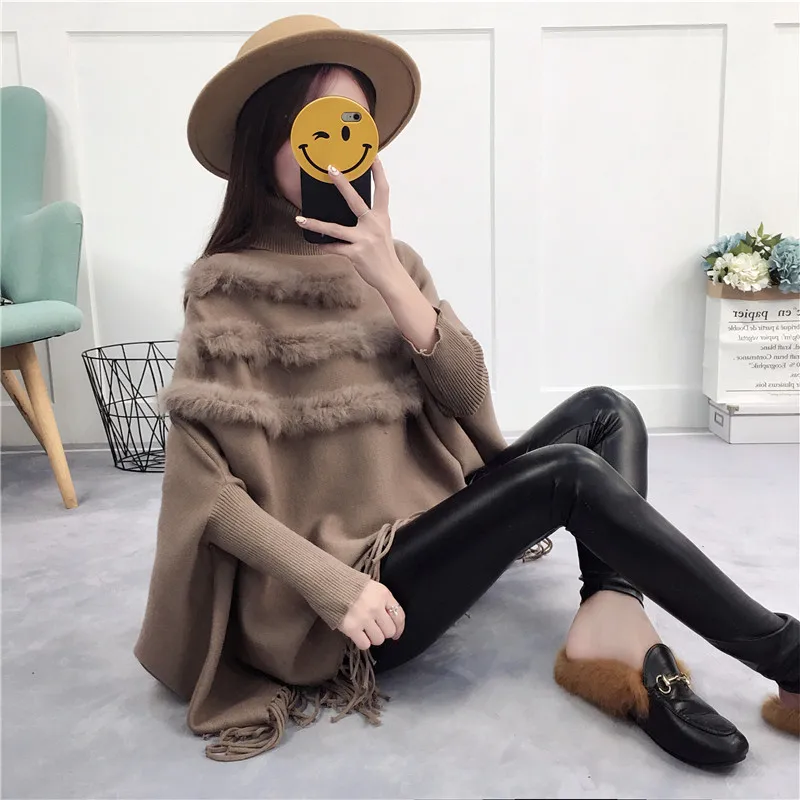 Real Rabbit Fur Patchwork Cloak Turtleneck Pullover Cape And Poncho Shawl Fashion Tassel Women Autumn Winter Bat Sleeves Sweater