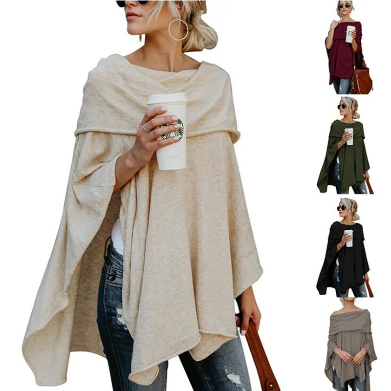 

2019 New Auutmn Spring Women Ponchos Off Shoulder Irregular Cloak Blouse Female Tops Femme Solid Color Pashmina Shawl