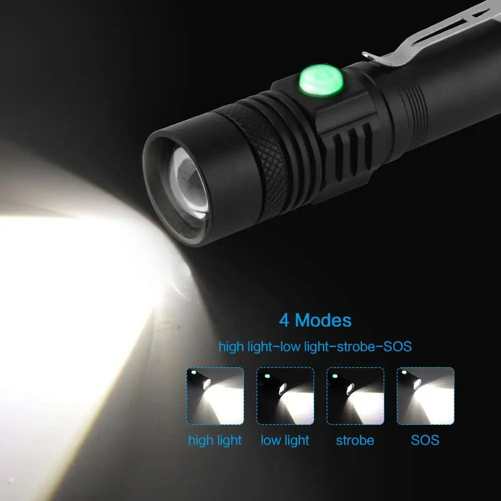 

Super bright Rechargeable LED Flashlight Waterproof Torch 4 lighting modes Zoomable outdoor camping light With T6 LED
