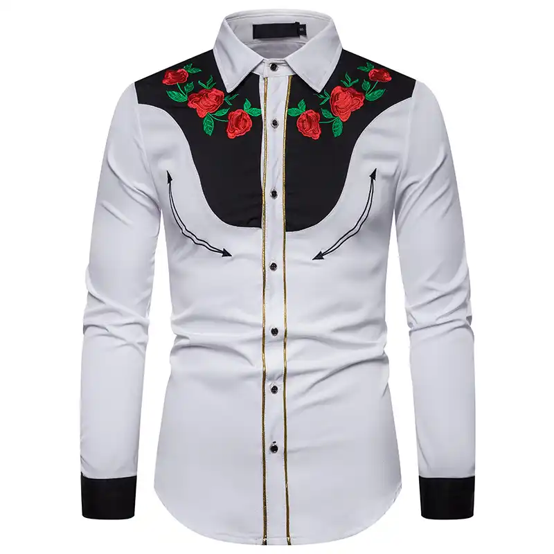 Camisa occidental bordada con flores rosas para hombres camisas negras casuales camisas ajustadas de manga larga de fiesta de vaquero camisa de hombre| | - AliExpress