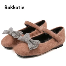 Bakkotie Kids Winter Dress Shoes Baby Girls Fashion Rhinestone Bowtie Warm Mary Jane Flats New Princess Sweet Fur Shoes