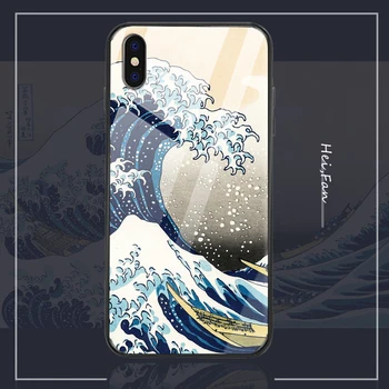 

Art shell for iPhone xr xs max 6/7/8 plus 11pro max case glass mobile phone shell ukiyoe wavy tpu silicone anti-fall soft shell