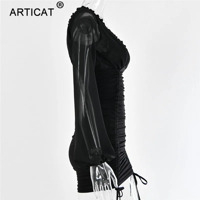 Articat Chiffon Summer Autumn Dress Women 2020 Sexy Long Sleeve Slim Elastic Bodycon Bandage Dress Short Pleated Party Dresses