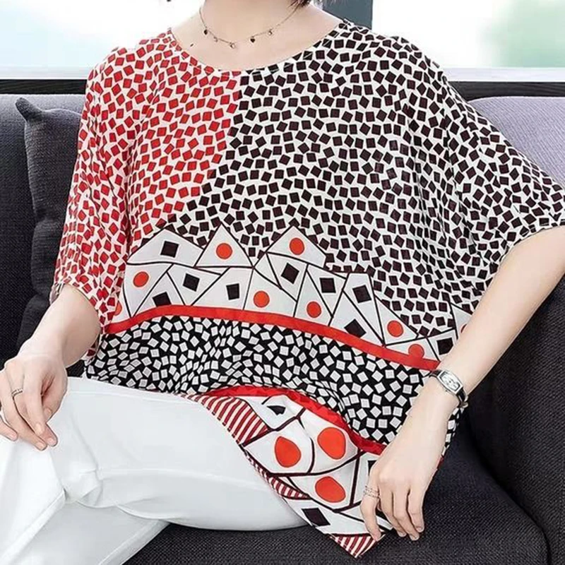 Plus Size Women Summer Style Chiffon Blouses Shirts Lady Casual Half Sleeve O-Neck Printed Blsuas Tops DF3060