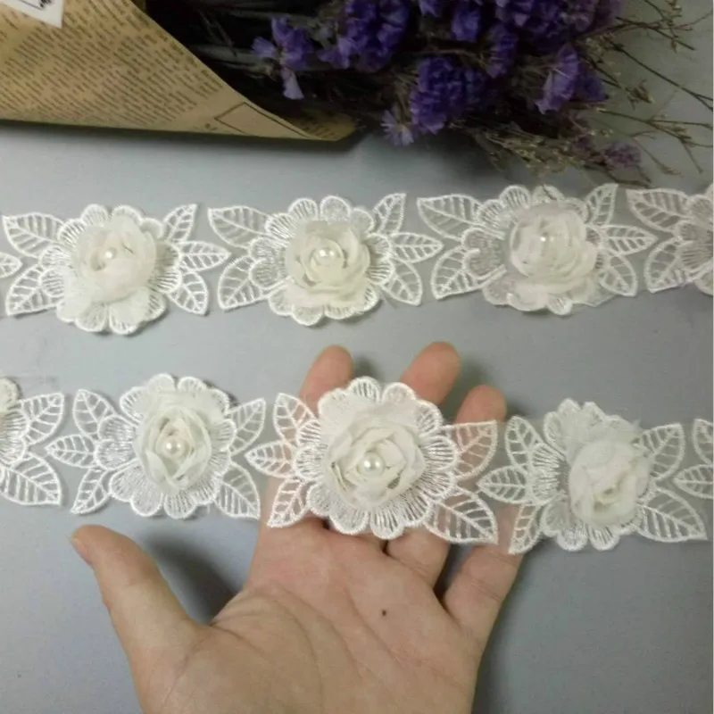 

2 Yard Soluble Ivory Rose Flower Pearl Chiffon Embroidered Lace Trim Ribbon Fabric Handmade Vintage Wedding Dress Sewing Craft
