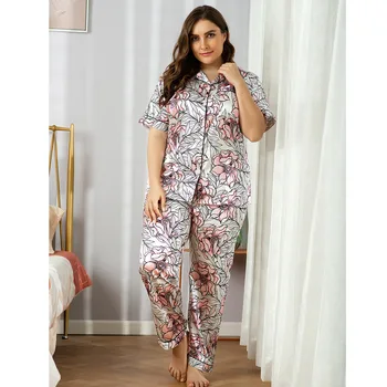 

4XL Plus Size Women Summer Nice Pajama Sets Cardigan Flowers Printing Short Sleeve Pajamas Faux Silk Pyjamas Loungewear Autumn