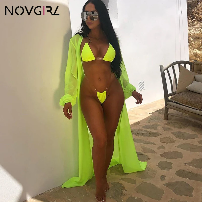 Novgirl/Модный комплект бикини из 3 предметов для женщин, летний прозрачный купальник на бретелях и длинная шифоновая накидка, пляжный неоновый костюм - Цвет: neon green