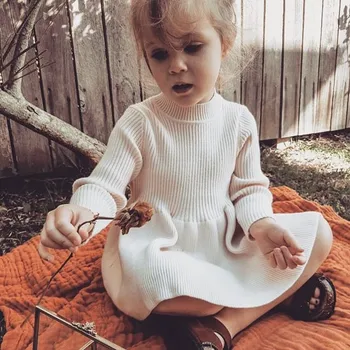 

Toddler Kids Clothes Girls Knitted Sweater Dresses Princess Long Sleeve High Neck Solid Dress Party Autumn Winter Outfit 4Colors