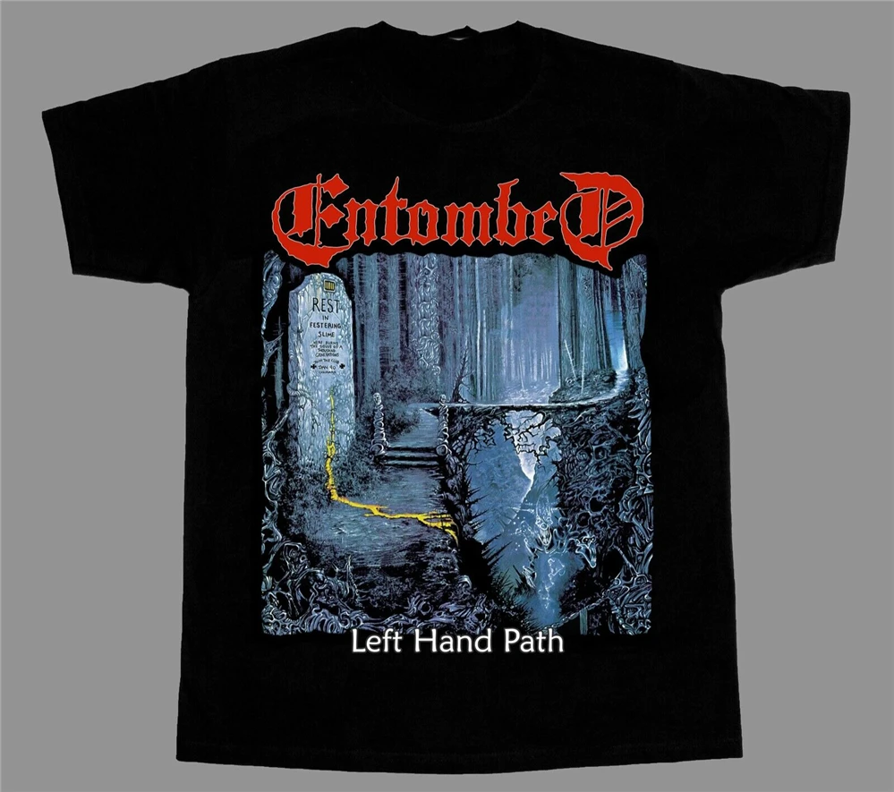 Мужская и женская футболка ENTOMBED с левосторонней тропкой металлическим принтом