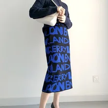 НОВАЯ Трикотажная юбка до колена с буквенным принтом прямые эластичные винтажные демисезонные юбки для женщин синего цвета