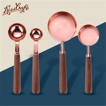 

4pcs/set Rose Gold Wooden Handle Coffee Powder Bean Tea Sugar Measuring Spoon Stainless Steel Scale Gram Spoon Kitchen Supplies
