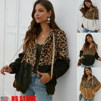 

Women Zipper Jacket Female Winter Fashion Leopard Patchwork Faux Fur Hooded Overcoat Thick Warm Coat Fleece Soft Outerwear