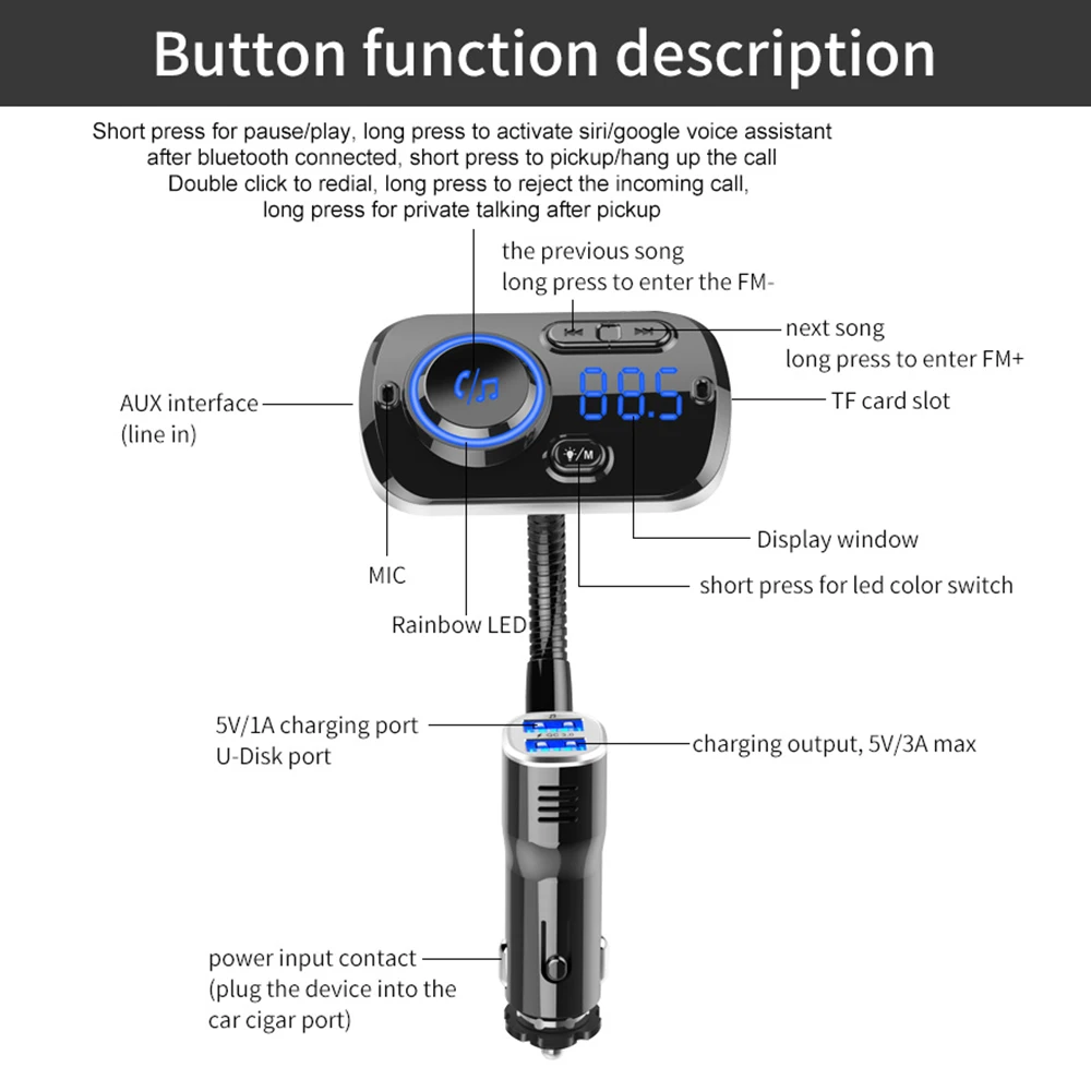 Hands-free вызов Bluetooth fm-передатчик автомобильный комплект беспроводной MP3-плеер 5V1A USB Автомобильное зарядное устройство Поддержка 2 телефонов подключение tf-карты